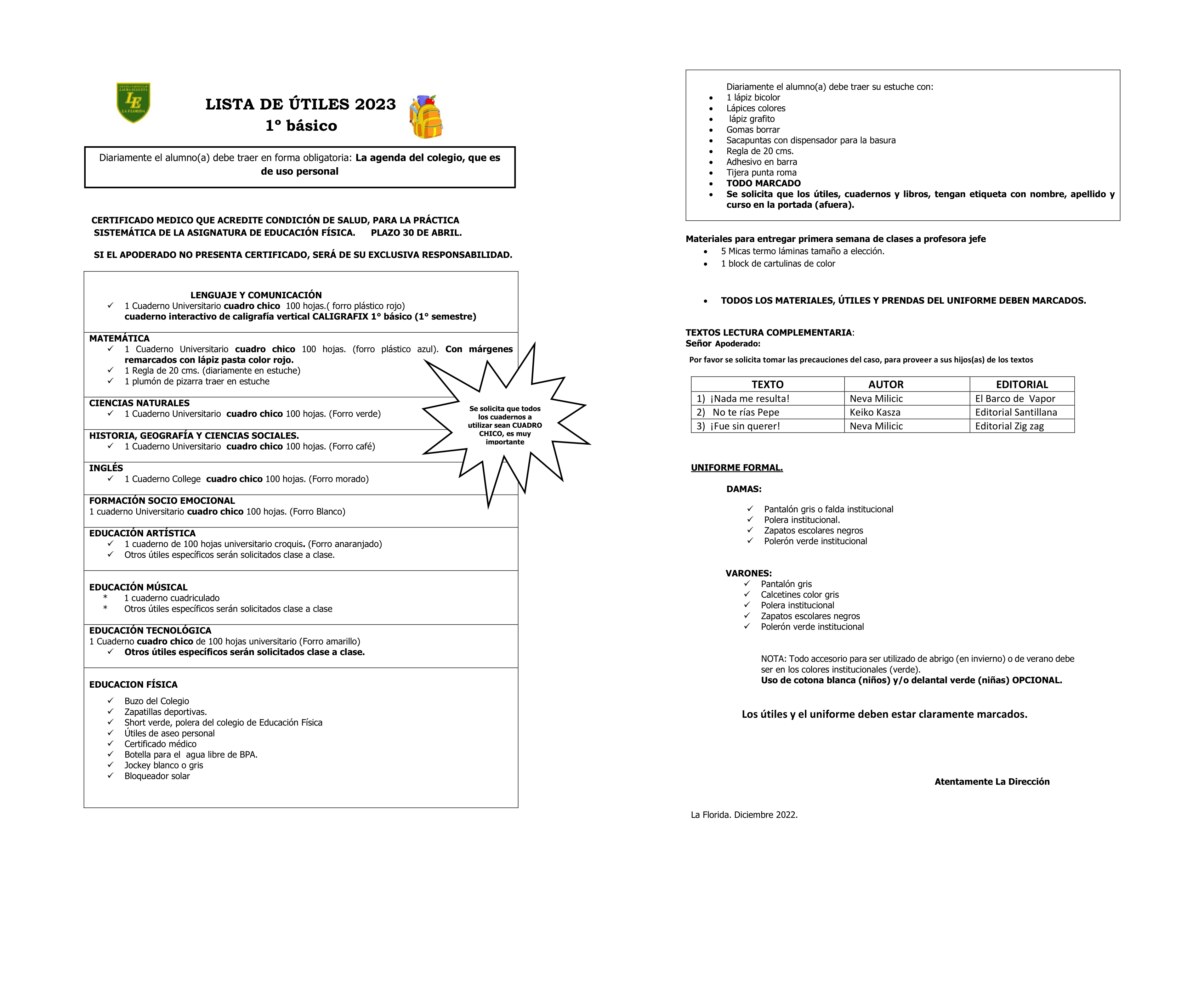 Lista de útiles 1° básico 2023